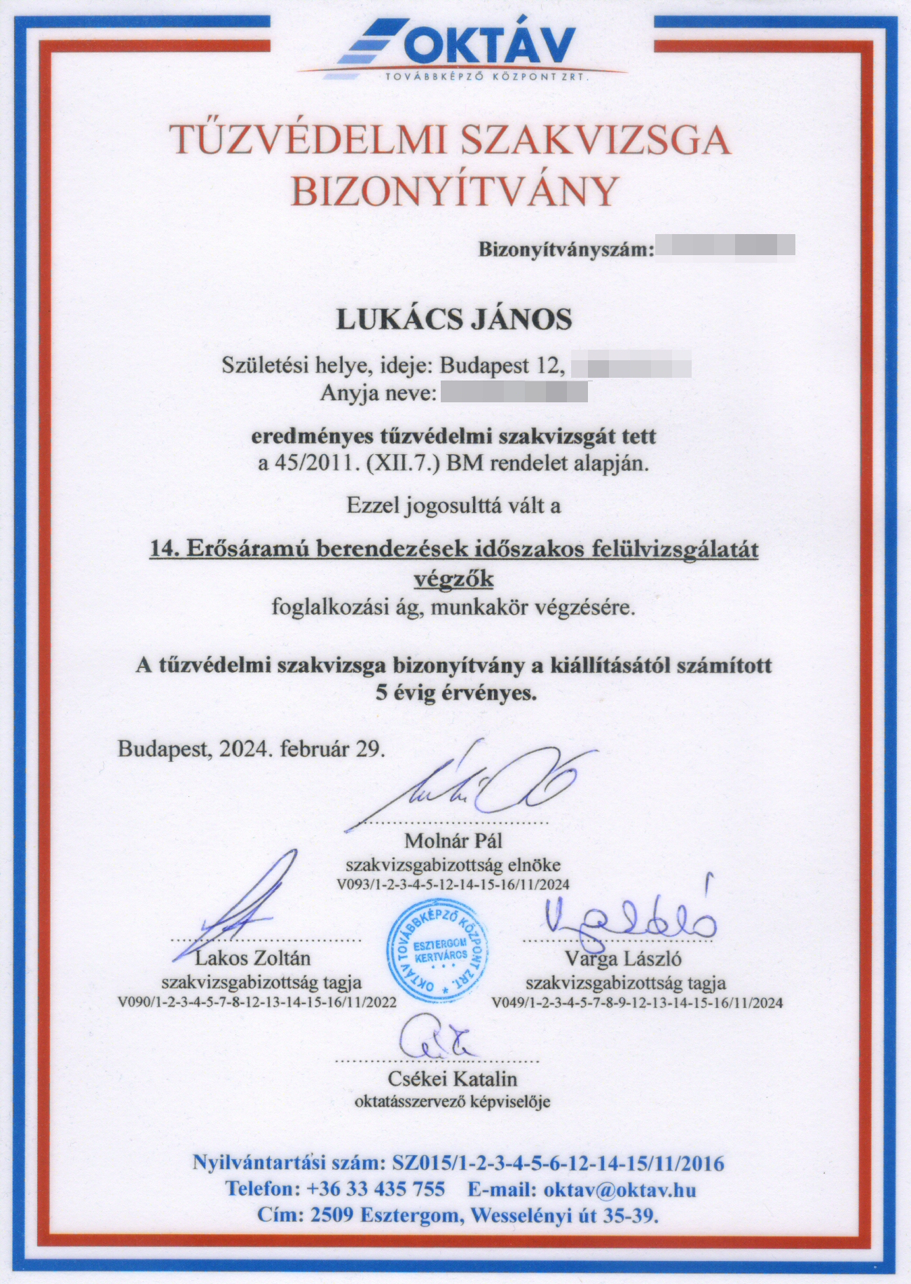 14. Tűzvédelmi szakvizsga bizonyítvány
