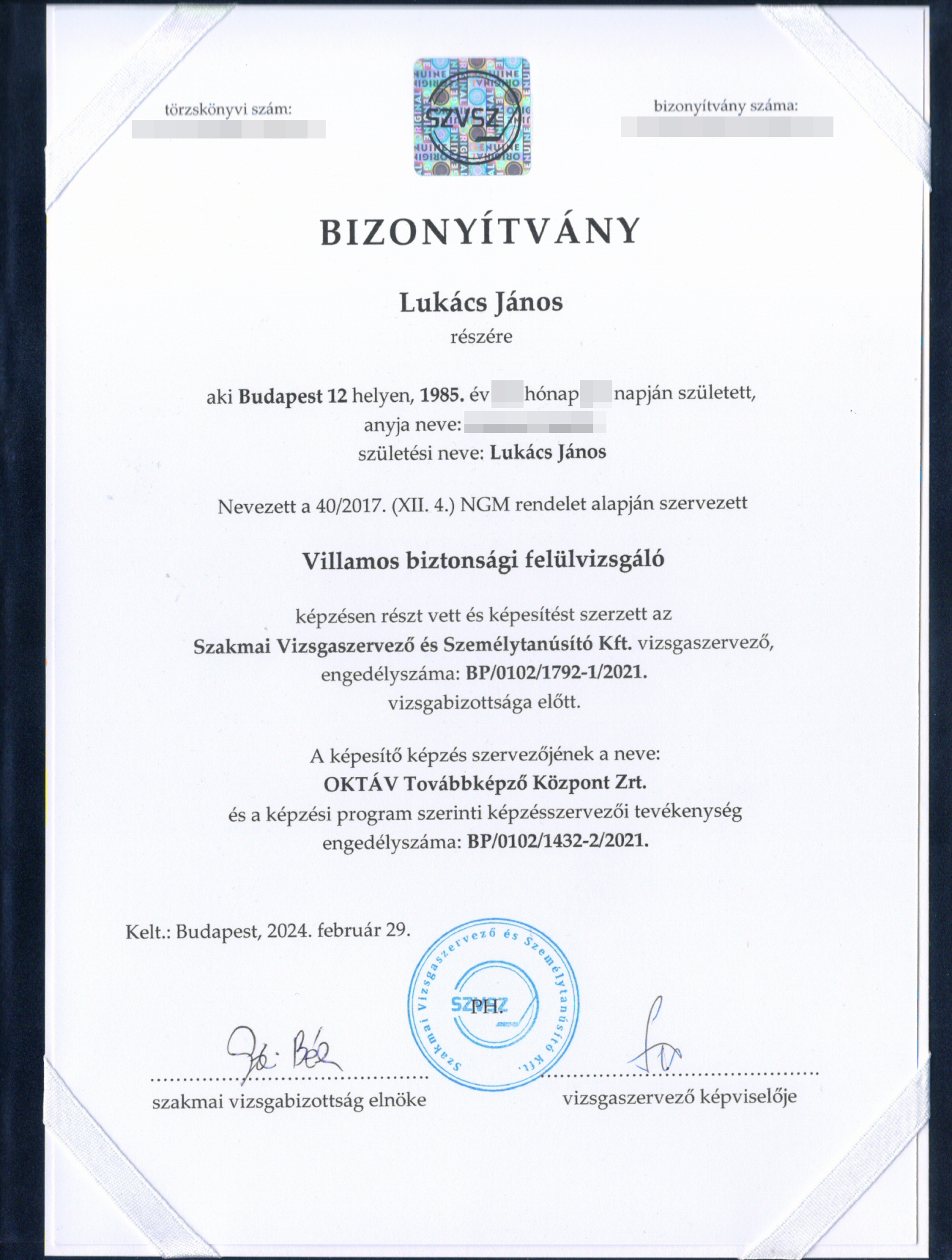 Villamos biztonsági felülvizsgáló bizonyítvány