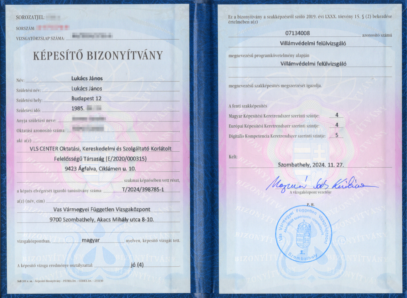 Villámvédelmi felülvizsgáló bizonyítvány